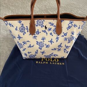 NEW Polo by Ralph Lauren Cream Canvas Tote with Blue Floral Print and Brown Trim